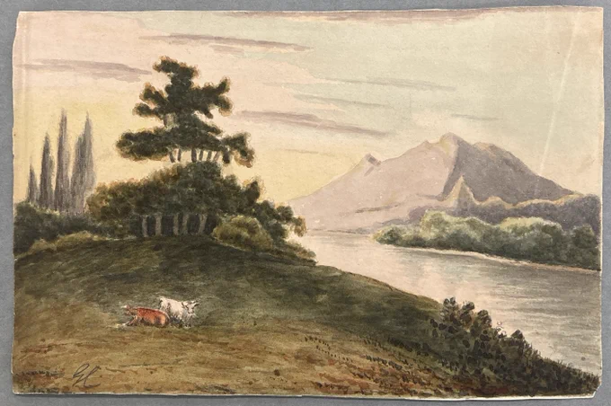 A small watercolour landscape, featuring a river, cows in a field and a mountain in the background.