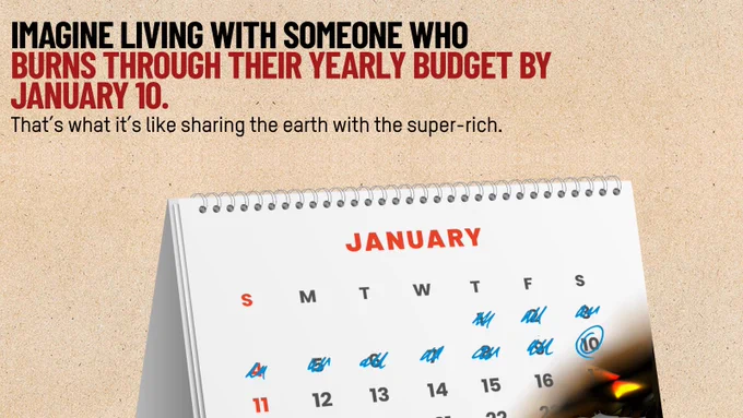 Graphic climate-justice style poster showing the bold headline “IMAGINE LIVING WITH SOMEONE WHO BURNS THROUGH THEIR YEARLY BUDGET BY JANUARY 10,” with smaller text saying “That’s what it’s like sharing the earth with the super-rich,” above an illustrated January desk calendar whose lower right corner is singed and burning around the date 10.