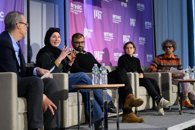 MITHIC project leaders share their findings during a panel discussion on the use of AI. Pictured (from left to right) are MIT Schwarzman College of Computing Dean Dan Huttenlocher, who moderated the talk, and professors Marzyeh Ghassemi, Arvind Satyanarayan, Esther Duflo, and Graham Jones.