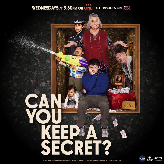 Can You Keep A Secret? artwork featuring Dawn French, Mark Heap, Craig Roberts and Mandip Gill amid domestic chaos inside a picture frame. Reads, 'Wednesdays at 9.30pm on BBC One, all episodes on BBC iPlayer'.