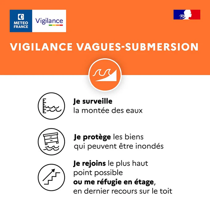 En vigilance orange vagues submersion 
- je surveille la montée des eaux 
- je protège les biens qui peuvent être inondés
- je rejoins le plus haut point possible ou je me réfugie à l'étage