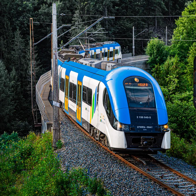 A WestfalenBahn train traveling on railway tracks through a lush green forested area.