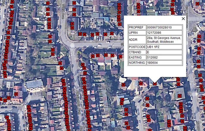 Screenshot of sample of Ealing Council's address data, visualised in Google Earth