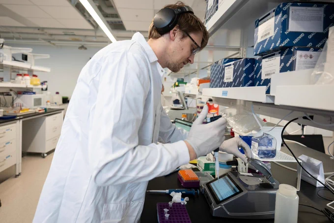 A researcher works at a laboratory bench using instruments and samples during experiments related to developing stem cell‑based immune therapies.