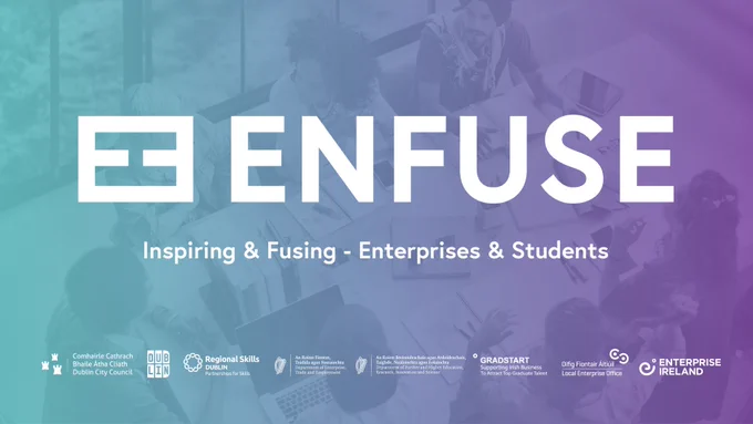Gradient background with the word "ENFUSE" and the phrase "Inspiring & Fusing - Enterprises & Students" overlaid on an image of people working at a table. The text on the image is white and a number of corporate logos are lined at the bottom.