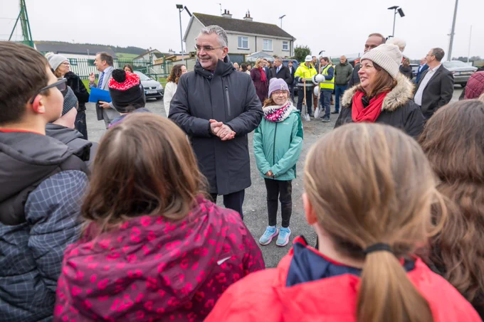 Minister Calleary with local school children where he turned the sod on new €2 million Community Centre in Moneygall, Co Offaly.