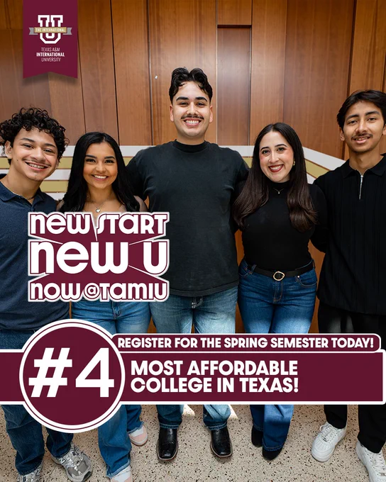 Five students with their arms around each other smiling for the camera behind a wooden background.

In the top left a banner with Texas A&M International University's logo.

The photo features a graphic that states "New Start New U Now @ TAMIU" followed by "4th Most Affordable College in Texas" with a call to action saying "Register for the Spring Semester Today"