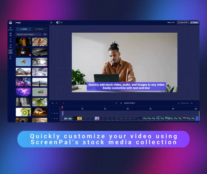 A series of screenshots showcasing ScreenPal’s Online Video Editor. Images display a video editing interface where a creator customizes content using built-in stock media, removes filler words and silences from a transcript, and edits directly from text with time markers. Colorful gradients and captions highlight features like adding media, one-click cleanup, and transcript-based editing.