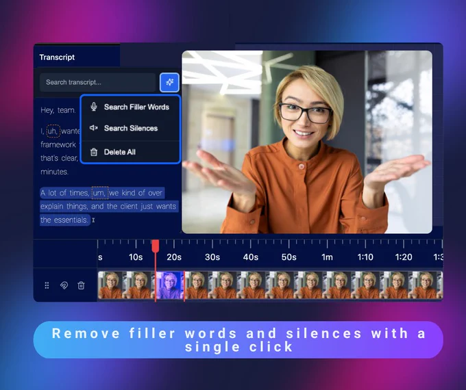 A series of screenshots showcasing ScreenPal’s Online Video Editor. Images display a video editing interface where a creator customizes content using built-in stock media, removes filler words and silences from a transcript, and edits directly from text with time markers. Colorful gradients and captions highlight features like adding media, one-click cleanup, and transcript-based editing.