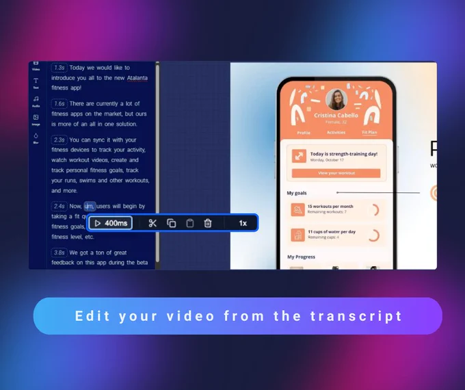 A series of screenshots showcasing ScreenPal’s Online Video Editor. Images display a video editing interface where a creator customizes content using built-in stock media, removes filler words and silences from a transcript, and edits directly from text with time markers. Colorful gradients and captions highlight features like adding media, one-click cleanup, and transcript-based editing.