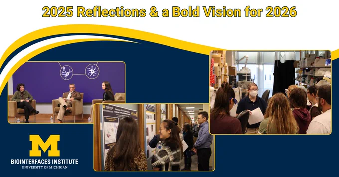 Words: 2025 Reflections & a Bold Vision for 2026BI Logo and three pictures. Picture one: three people speaking on stage Picture 2: Poster competition in process Picture 3: BI lab tour