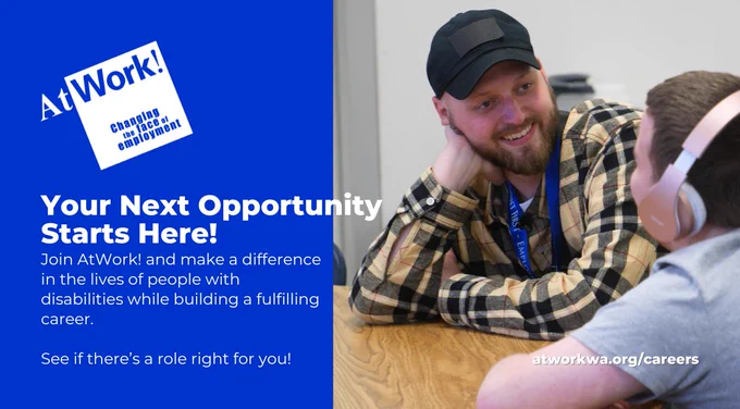 Your next opportunity starts here! Join AtWork! and make a difference in the lives of people with disabilities while building a fulfilling career. See if there's a role right for you!
IMAGE: An Employment Consultant wearing a black ball cap and plaid shirt works with a student with disabilities.