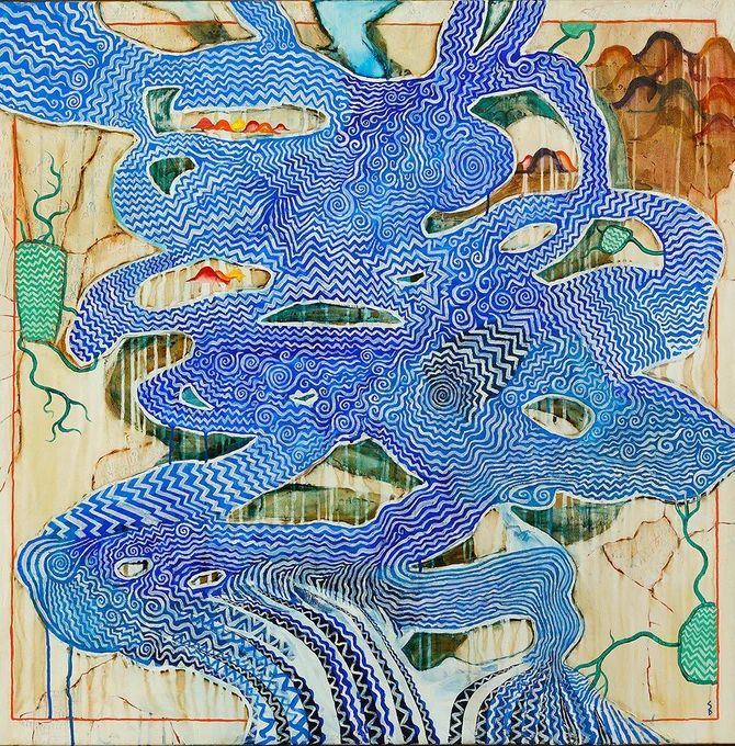 An abstract artwork, inspired by a map, made up of different patterns and shapes of different colours