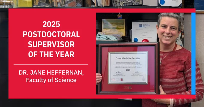 Dr. Jane Heffernan from the Faculty of Science holding a framed certificate for 2025 Postdoctoral Supervisor of the Year.