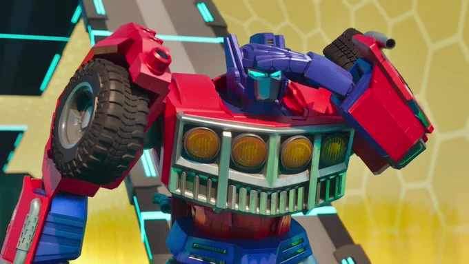 Optimus Prime, inside a program, shielding his eyes as he looks into the distance in the middle of a program from Transformers: CYBERWORLD.