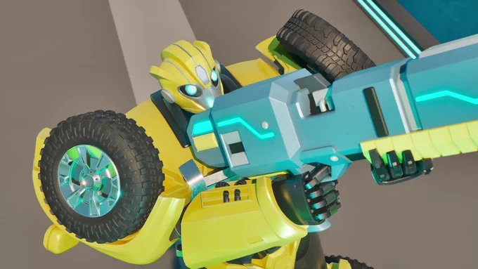 Bumblebee aiming a program blaster at an offscreen target above him, from Transformers: CYBERWORLD.