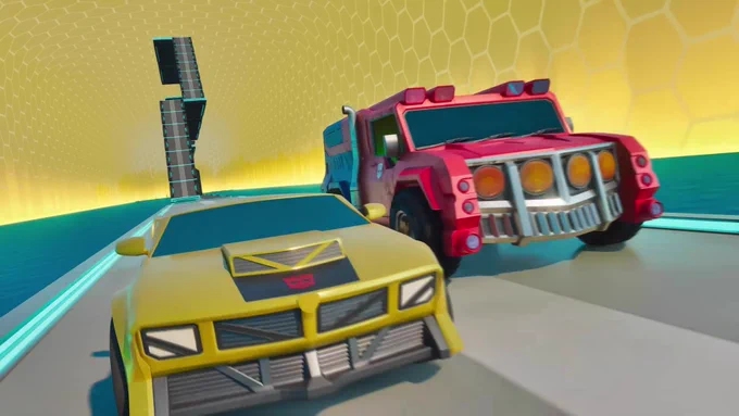 Optimus Prime and Bumblebee in vehicle mode racing each other through a watertop program in Transformers: CYBERWORLD.