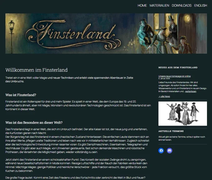 Screenshot der neuen Website für das Finsterland-Rollenspiel 