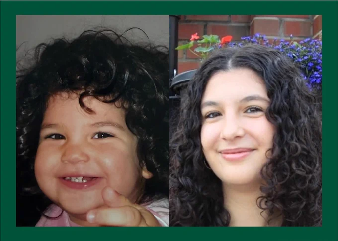 Smiling baby next to smiling woman. Photos show resemblance of being the same person (curly dark hair).