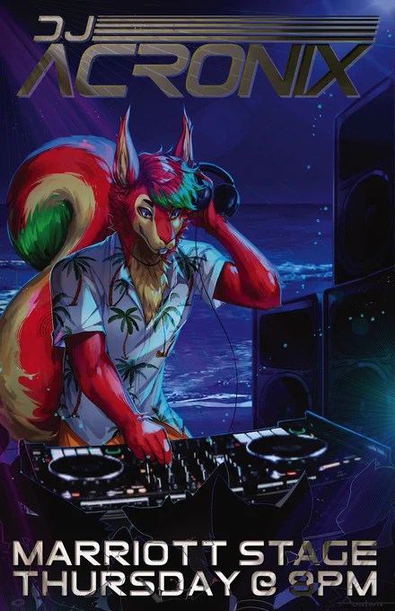 A picture of Itrio the Squirrel playing on a DJ controller in front of a crowd. The text "DJ Acronix" and "Marriott Stage, Thursday at 9PM" is overlaid on top of the artwork.