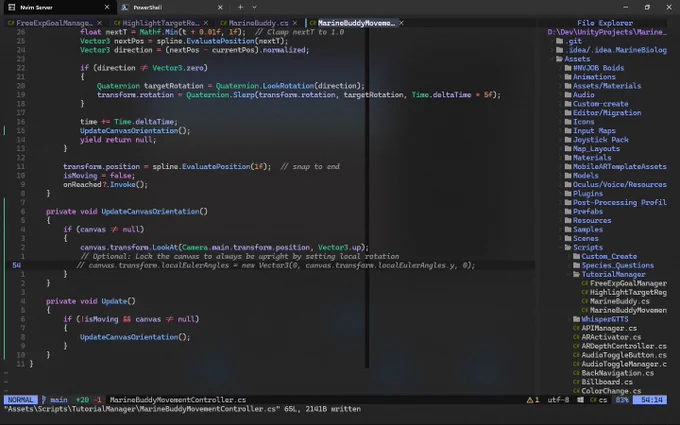 A screenshot of the Neovim text editor running in a terminal window. It displays C# code for a Unity script named "MarineBuddyMovementController.cs" with colorful syntax highlighting. A file explorer tree on the right side lists the project folders, including Assets, Scripts, and Animations.