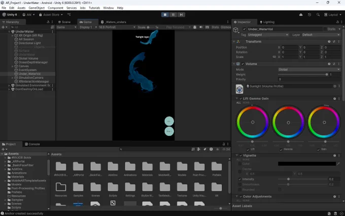 A screenshot of the Unity 6 Editor interface displaying an underwater scene. The central viewport shows stylized blue marine life models floating in a dark environment. The side panels display the project hierarchy with XR components and an inspector window adjusting post-processing color grading settings.