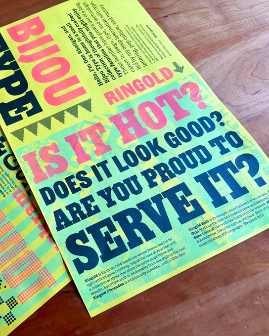 A Bijou Type specimen, one of Dan’s own creations, printed with risograph. Neon yellow background with blue pattern overlays and text in black and pink.