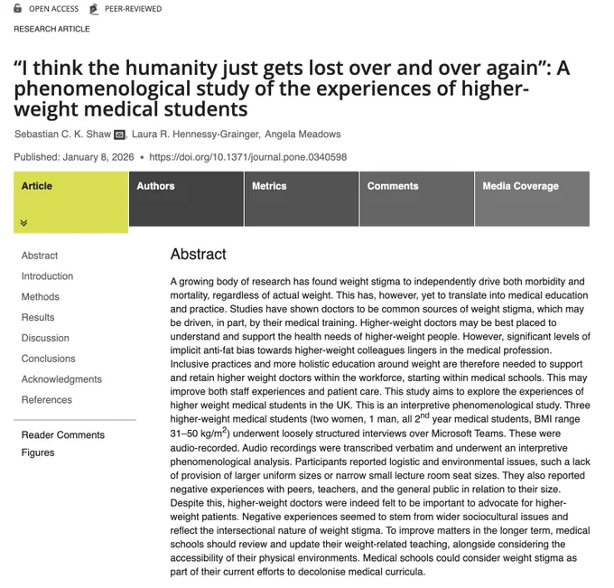 A screenshot of the top of the article page, which shows the article title (“I think the humanity just gets lost over and over again”: A phenomenological study of the experiences of higher-weight medical students), the authors, and the abstract.