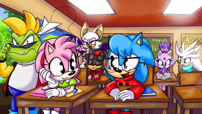As you may know, Sonic has a manga where Sonic is seen as a schoolboy with bangs and glasses. Also, here are Shadow and Silver at school. ‼️