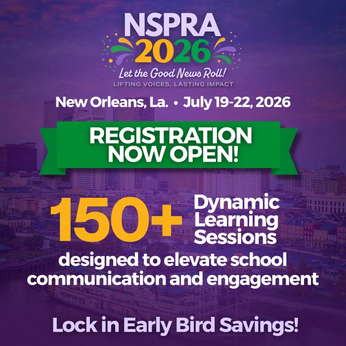 Graphic promoting NSPRA 2026 in New Orleans with the headline ‘Registration Now Open.’ Features purple and green branding, the NSPRA 2026 logo, and New Orleans imagery.