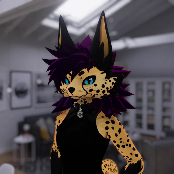 A cheetah novabeast with blue eyes and purplish hair in a vrchat home map with shelves and a sofa in the out of focus background. He's wearing a black sleeveless tshirt and sweatpants.