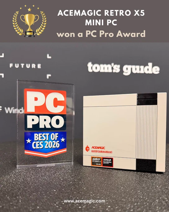 ACEMAGIC PC Unleashes the Future at CES 2026! And big news🏆 ACEMAGIC Retro X5 Mini PC has won a PC Pro Award !!!🎊

We’re proud to announce that the ACEMAGIC Retro X5 Mini PC has earned the PC Pro Award at CES 2026, presented by Future.
Recognized for its seamless blend of retro design, modern performance, and everyday practicality, the ACEMAGIC Retro X5 is redefining what a Mini PC can be.

🚀 CES 2026 ignited with a surge of innovation — and ACEMAGIC is leading the charge.

From the moment doors opened, our booth became a magnet for visionaries, creators, and tech lovers eager to experience the next evolution of computing. Mini PCs reimagined. Laptops that defy limits. Smart systems that feel like magic.

From AI-powered mini PCs to ultra-portable powerhouses, every detail was engineered to spark curiosity. 
The reactions? Wide-eyed. The conversations? Electric. The possibilities? Infinite⚡

This isn’t just a showcase. It’s a movement.
Welcome to the future of computing — compact, i