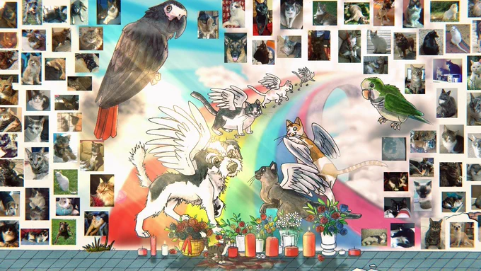 Screenshot from Stars in the Trash by Valhalla Cats. A brown tabby cat is lying in front of a memorial for pets who have died. The mural on the wall shows the rainbow bridge, with various dogs and cats with wings and birds. On either side are real life photos of beloved pets. 