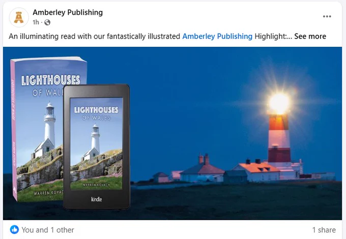 Screenshot of a Facebook message about the book Lighthouses of Wales