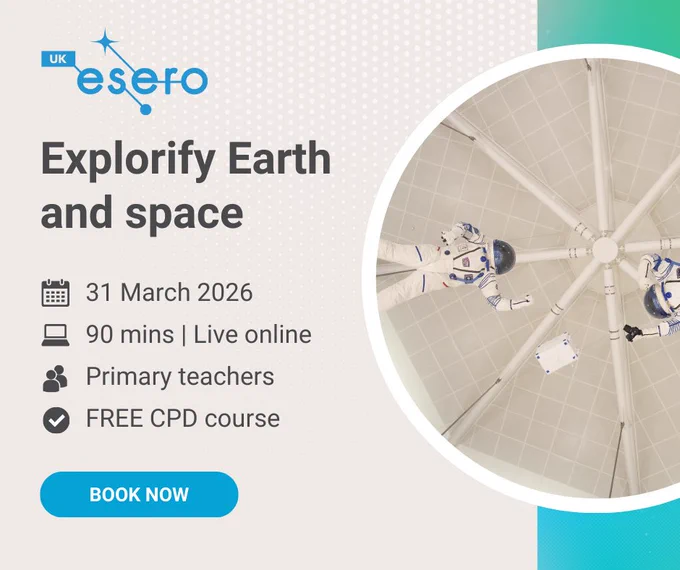 A circular frame contains two spacemen statues hanging from a ceiling. The text beside it reads 'ESERO. Explorify Earth and space. 31 March 2026. 90 mins live online. Primary teachers. FREE CPD course. Book now.'