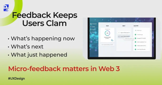 Interface showing real-time status updates and micro-feedback, illustrating how clear feedback keeps Web3 users calm and informed.
