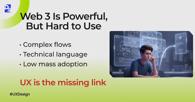 Illustration of complex Web3 interfaces with technical elements, showing how difficult UX slows mass adoption and creates friction for users.