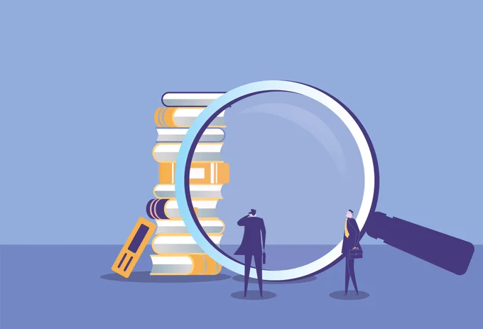 Illustration of two people examining a tall stack of books through a large magnifying glass held by a hand with the EDPS logo at the bottom.
