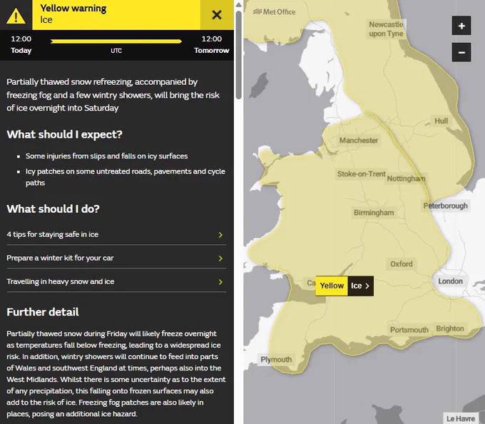 A screenshot of the Met Office warnings website showing a recent update to a yellow warning for ice. The warning now includes central and southern England, as well as Wales. The warning is valid from now until 12pm on Saturday.