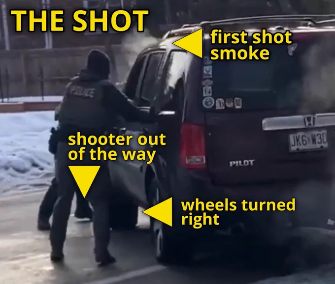 Pointers to the smoke from the gunshot, the shooter’s foot showing him clear of the car’s path, and Good’s front wheels turned away from the shooter