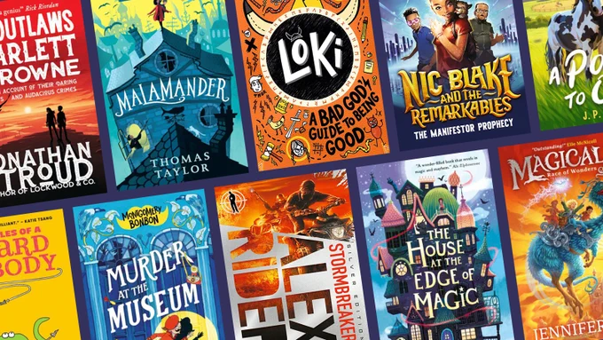 A collage of children's book covers on a dark blue background. The books shown include The Outlaws Scarlett and Browne, Loki: A Bad God's Guide to Being Good, Nic Blake and the Remarkables, Alex Rider, Montgomery Bonbon Murder at the Museum, The House at the Edge of Magic and Magicalia