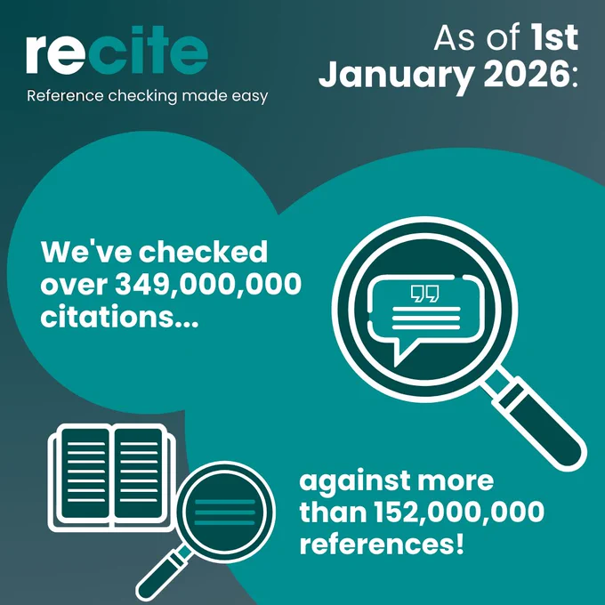 As of January 2026, Recite has checked 349 million citations against 152 million references. 