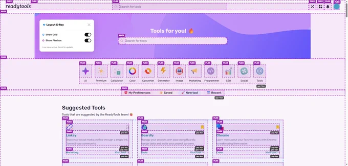 The image shows Grid and Flex visualizer at work, which is part of the ReadyTools Web Assistant showcasing the tools page of ReadyTools under the X-Ray