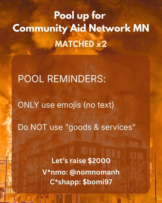 Pool Reminders: 

ONLY use emojis (no text)
Do NOT use "goods & services"
 Let’s raise $2000! 

V*nmo  @ nomnomanh
C*shapp $bomi97