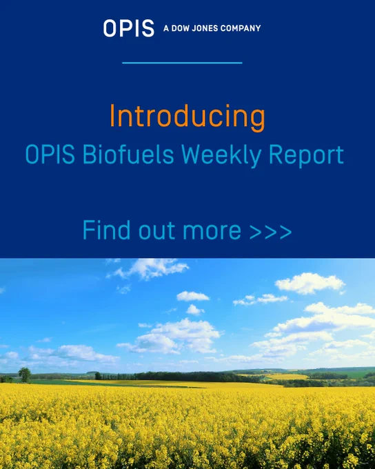Promotional image for OPIS Biofuels Weekly Report featuring a landscape of a blooming yellow field under a blue sky, with text details about the report above.