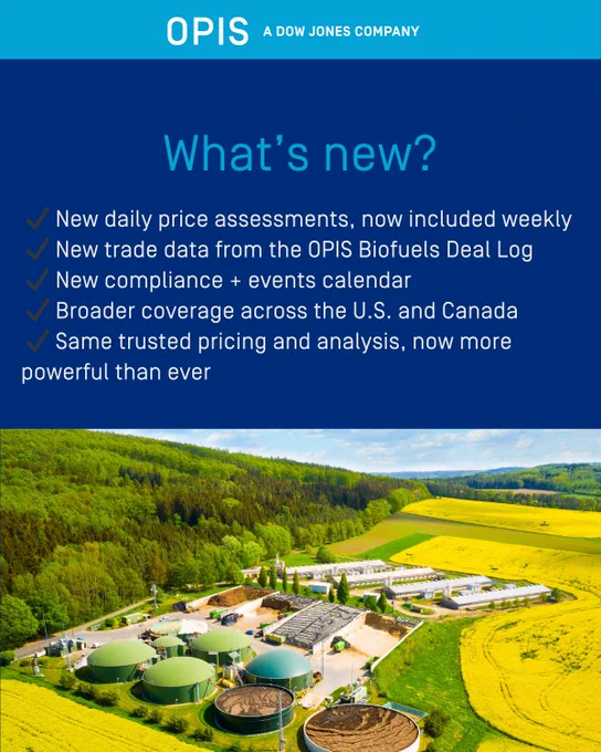 Promotional image by Dow Jones featuring a scenic view of industrial tanks in a lush green valley, with a list of updates including new data, coverage across the US and Canada, and same trusted pricing.