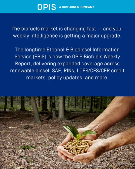 OPIS, a Dow Jones company, announces an expansion of its coverage across renewable energy markets. The image shows hands holding a mix of soil and biofuels like grains and seeds in a forest setting.