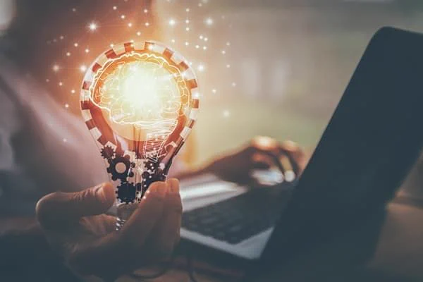 image of a person holding a laptop and a light bulb