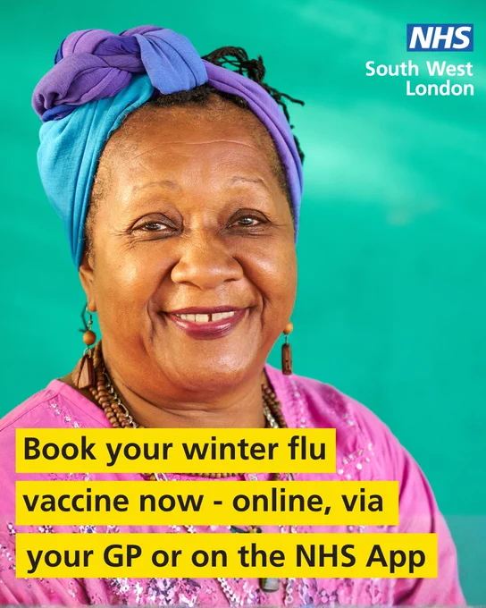 Text reads, 'Book your winter flu vaccine - online, via your GP or on the NHS App'.