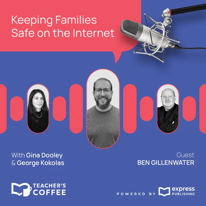 Podcast cover showing a microphone and portraits with the title 'Keeping Families Safe on the Internet' featuring Gina Dooley, George Kokolas, and guest Ben Gillenwater.